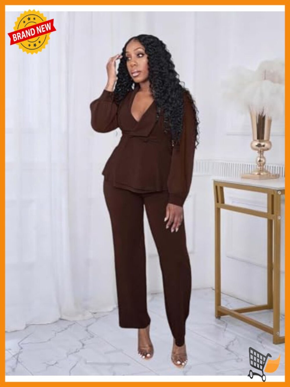 Mesh Sheer Sleeve Ruffle Blazer Wide Leg Pants Pantsuit Set 2 Piece - Picture 3 of 5